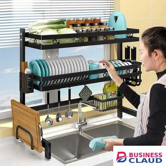 Rust-Resistant Carbon Steel Dish Rack – Space-Saving Over Sink Kitchen Organizer