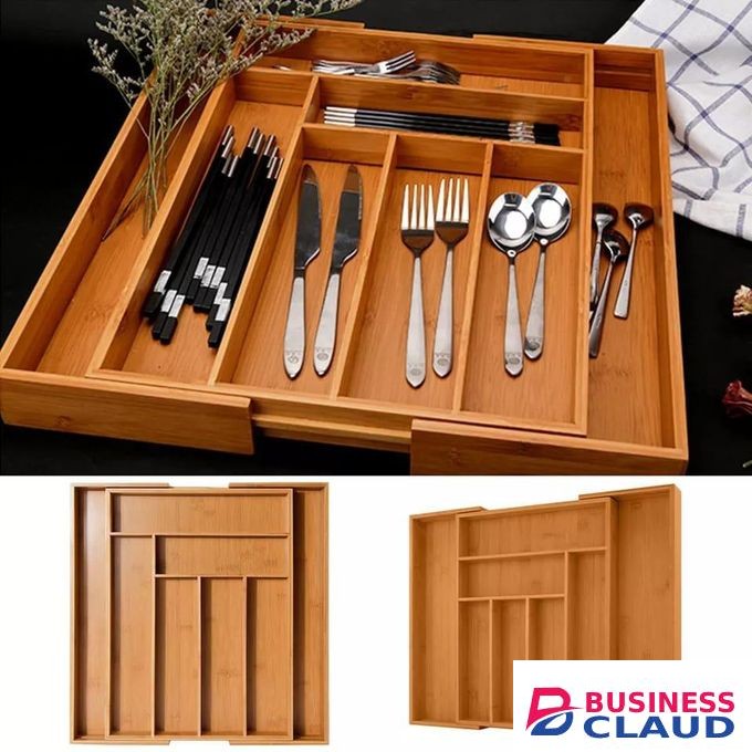 Bamboo Expandable Cutlery Drawer Tray Organizer for Kitchen Utensils – Adjustable Bamboo Silverware Storage with Multiple Compartments, Eco-Friendly Durable Kitchen Drawer Divider