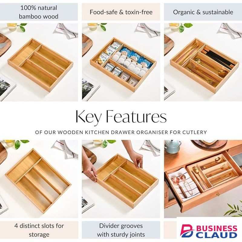 Bamboo Cutlery Tray with 4 Slots – Multi-Purpose Drawer Organizer for Kitchen, Cosmetics & Stationery