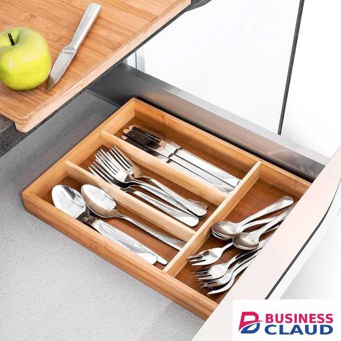 Bamboo Cutlery Tray with 4 Slots – Multi-Purpose Drawer Organizer for Kitchen, Cosmetics & Stationery