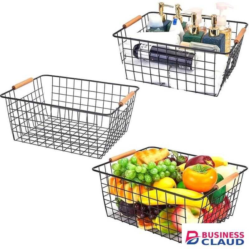 Multipurpose Classy Black & White Metallic Mesh Basket Wooden Handle