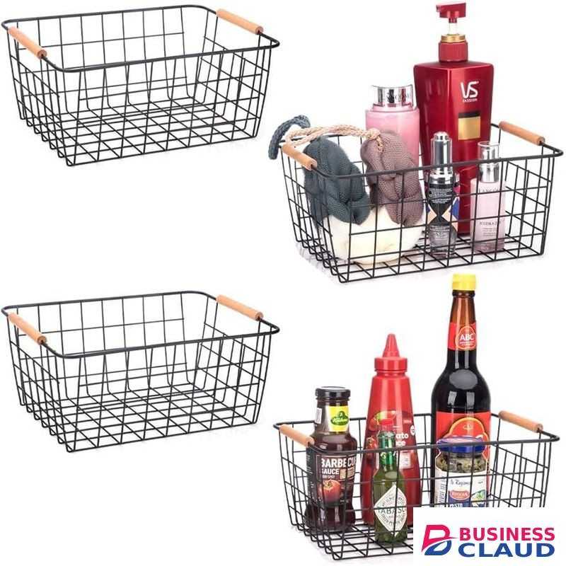 Multipurpose Classy Black & White Metallic Mesh Basket Wooden Handle