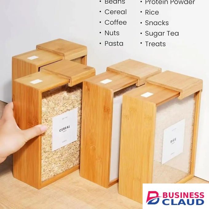 Bamboo Food Storage Containers 3L Airtight Pantry Organizer Box for Cereals Dry Food and Kitchen Essentials – Durable Eco-Friendly Container with Lid 17.2x22.2x7.8cm