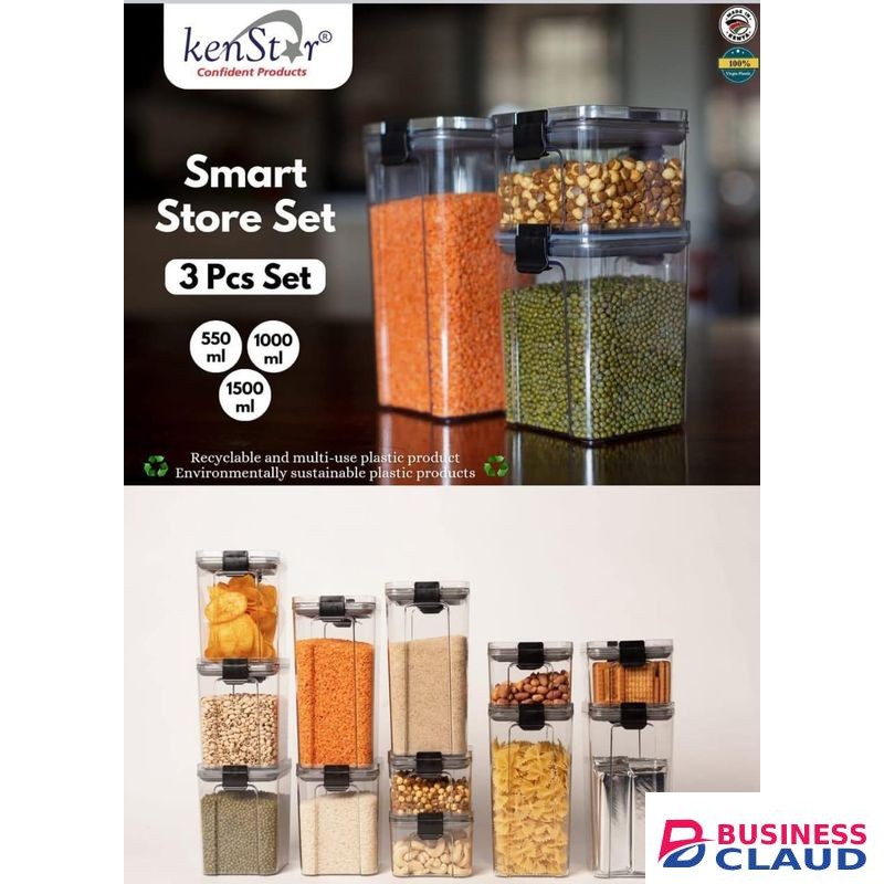 Kenstar Smart Store Food Storage Container Set - 3 Pieces (550ml, 1000ml, 1500ml) with Smart Lock