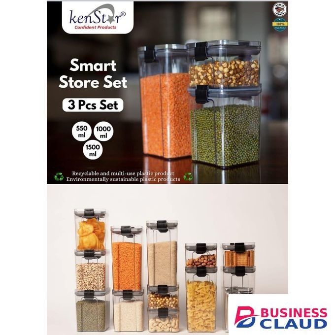Kenstar Smart Store Food Storage Container Set - 3 Pieces (550ml, 1000ml, 1500ml) with Smart Lock