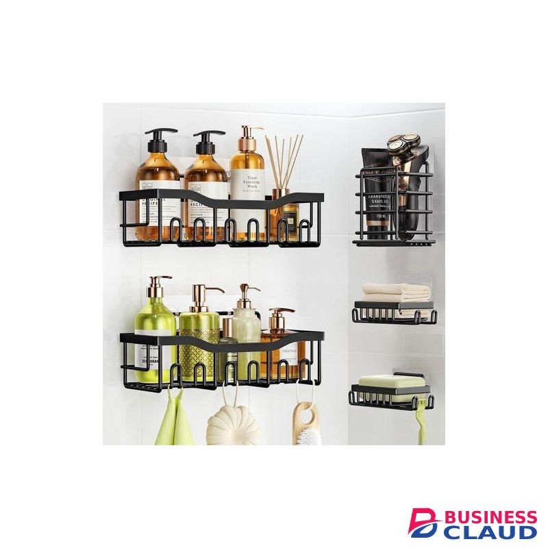 Wall Holder Bathroom Storage Shower Caddy 5 Pack, Adhesive Bathroom Organizers and Storage, Rustproof Shelves Rack with Soap Holder,No Drilling Wall-Mounted Kitchen & Home Decor, Bath Decor&Essentials, Black