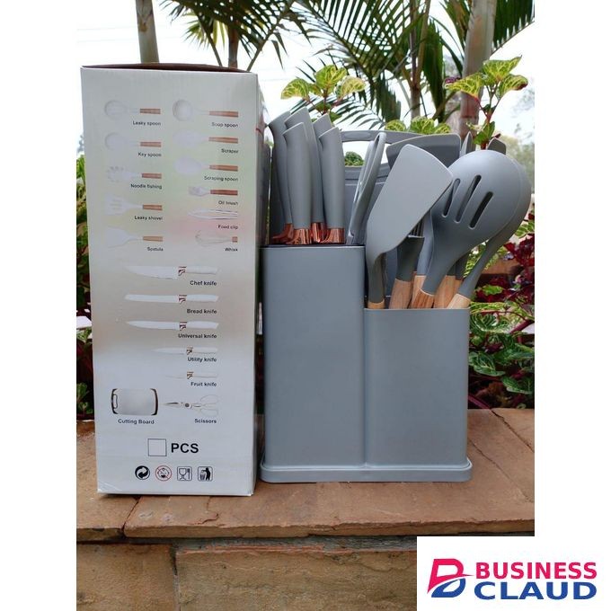 19-Piece Silicone Kitchen Utensil and Knife Set with Storage Holder