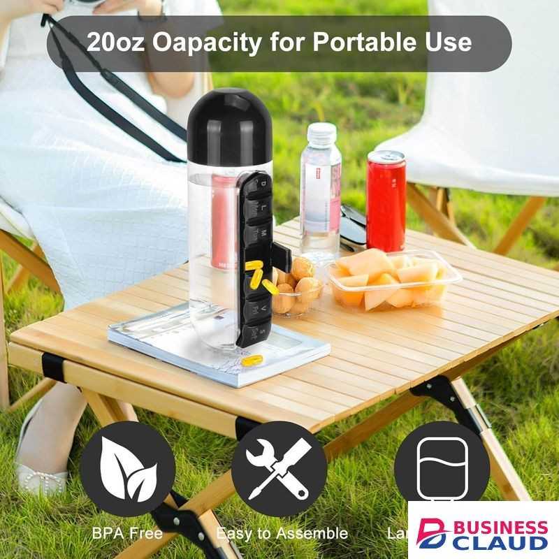 Water Bottle & Tablets Organizer - Travel Storage Container for Water, Juice, Vitamins - Portable 7-Day tablet box - for Outdoor, Gym, Travel - Easy Carry Strap - BPA Free Plastic