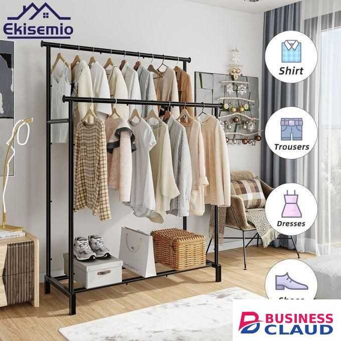 Hot Sale Double Rod Clothes Rack With Bottom Shelf, Metal Garment Rack For Hanging Clothes, Dimensions (L*W *H) 146 X 43 X 80cm, MULTICOLOR