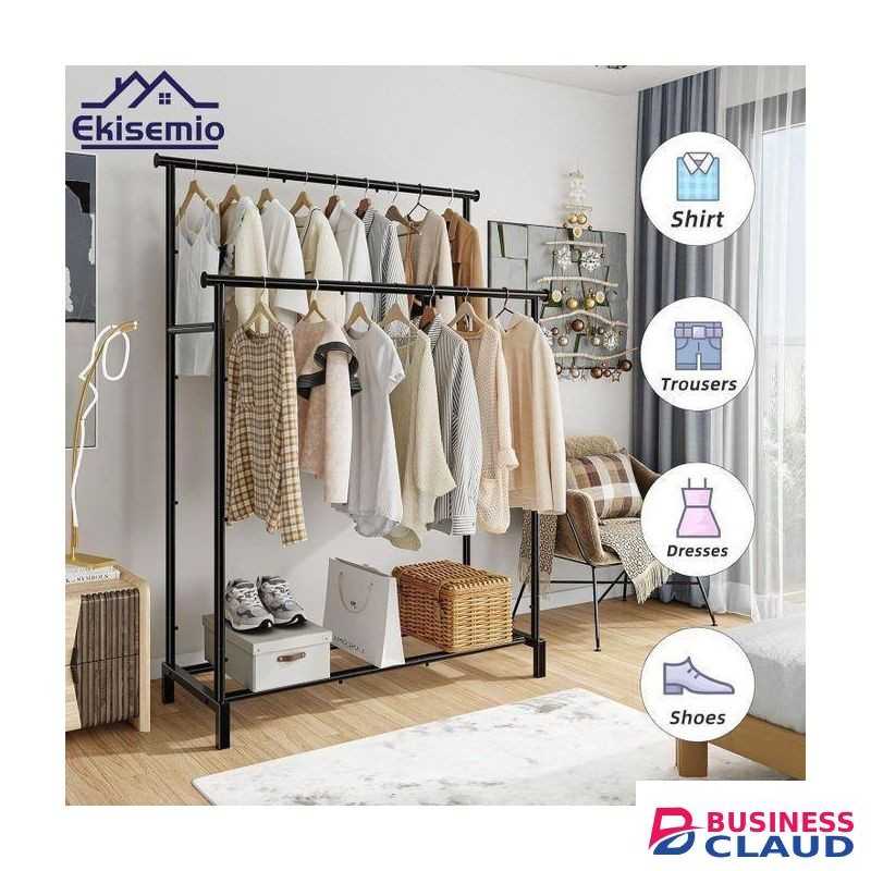 Hot Sale Double Rod Clothes Rack With Bottom Shelf, Metal Garment Rack For Hanging Clothes, Dimensions (L*W *H) 146 X 43 X 80cm, MULTICOLOR