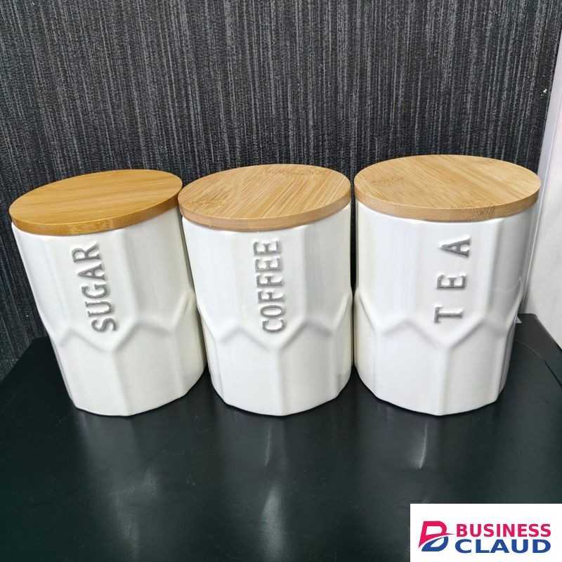 3-Piece Ceramic Canister Set with Bamboo Tray – Airtight 500g Storage Jars