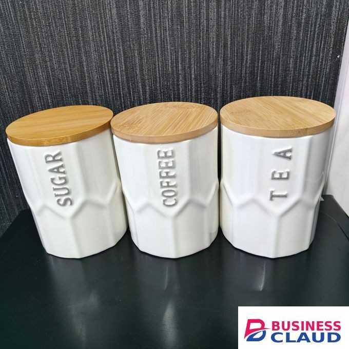 3-Piece Ceramic Canister Set with Bamboo Tray – Airtight 500g Storage Jars