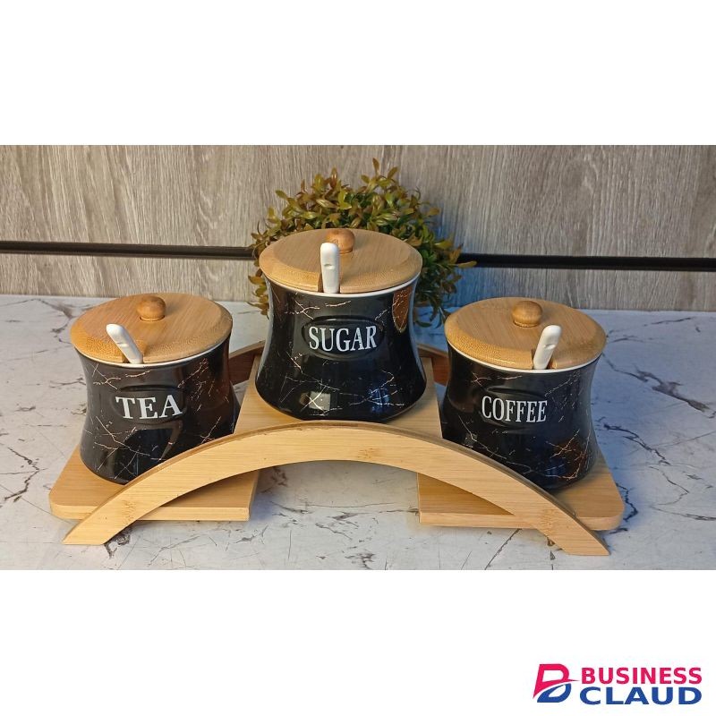 3 pcs Ceramic Canisters set with bamboo stand