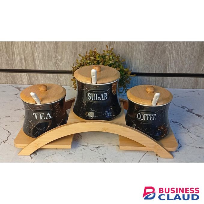 3 pcs Ceramic Canisters set with bamboo stand