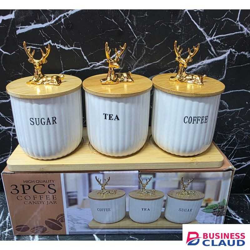 4 PCS Ceramic Canister Set with Bamboo Lid