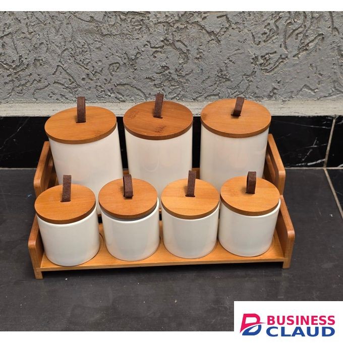 7pcs Ceramic Canisters Set with Bamboo Stand 500ml and 300ml Airtight Storage Jars for Kitchen, Tea, Coffee, Sugar, Spice and Snack Containers Elegant Home Organizer