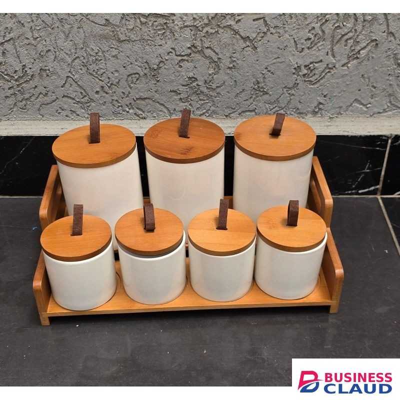 7pcs Ceramic Canisters Set with Bamboo Stand 500ml and 300ml Airtight Storage Jars for Kitchen, Tea, Coffee, Sugar, Spice and Snack Containers Elegant Home Organizer