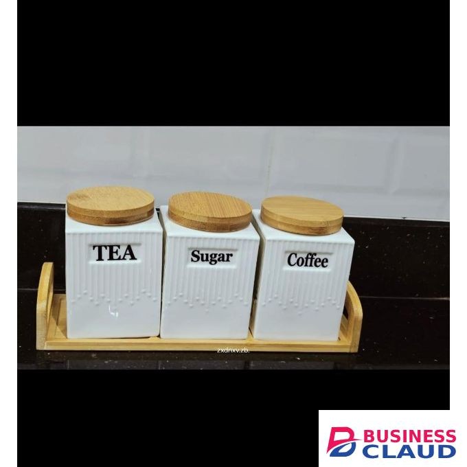 3 Pcs Ceramic Canisters with a Bamboo Stand