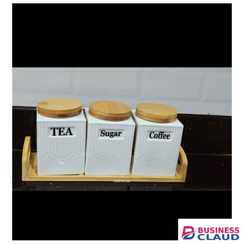 3 Pcs Ceramic Canisters with a Bamboo Stand