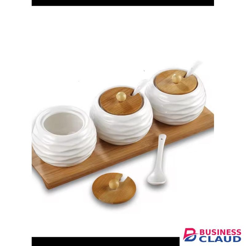 3pcs Ceramic Storage Canister Jar With Spoon And Wooden Tray