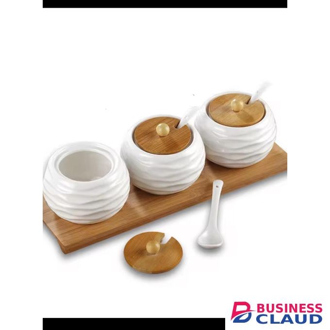 3pcs Ceramic Storage Canister Jar With Spoon And Wooden Tray