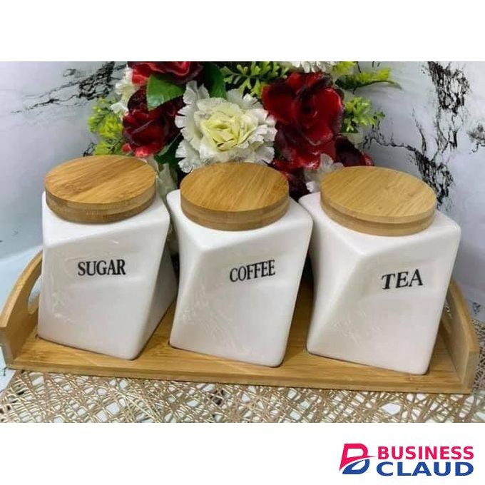 Twisted Ceramic Canister Set with Bamboo Stand and Airtight Lids for Coffee, Tea, and Sugar