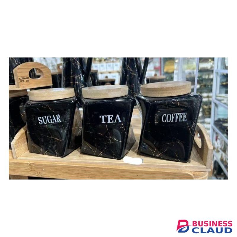 Twisted Ceramic Canister Set with Bamboo Stand and Airtight Lids for Coffee, Tea, and Sugar