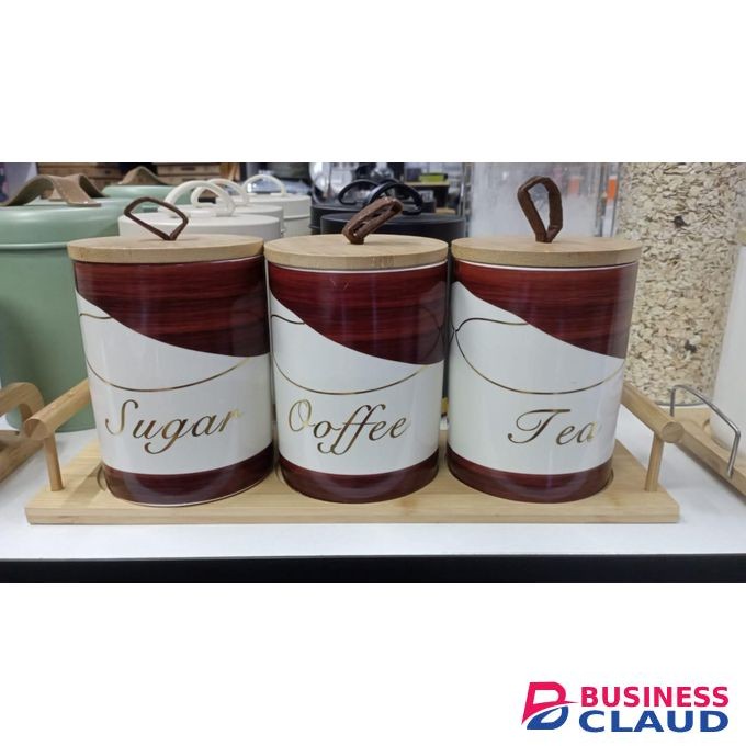 3pcs Ceramic Canisters Set with Bamboo Stand 500ml Kitchen Storage Containers Airtight Jars for Coffee Tea Sugar Spices Organization