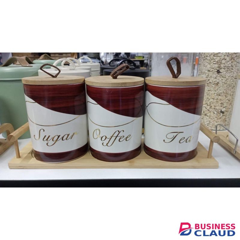 3pcs Ceramic Canisters Set with Bamboo Stand 500ml Kitchen Storage Containers Airtight Jars for Coffee Tea Sugar Spices Organization