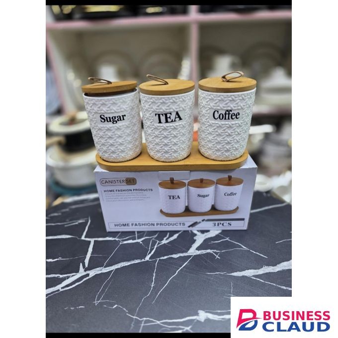3pcs ceramic canister set with bamboo stand and lids 500ml capacity for coffee,tea & sugar