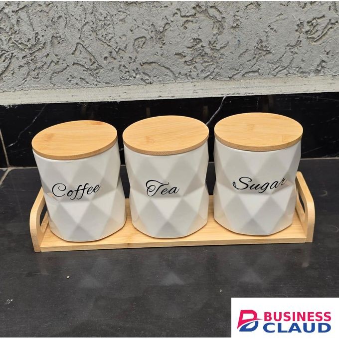 3pcs Ceramic Canisters Set with Bamboo Stand 500ml Capacity Airtight Kitchen Storage Jars for Coffee Sugar Tea Spice Containers Elegant Countertop Organizer