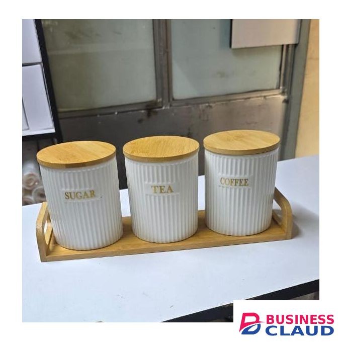 3pc Ceramic Canisters with Bamboo Stand 500ml Airtight Kitchen Storage Jars Set for Sugar Coffee Tea Spices Containers with Lids for Home and Office