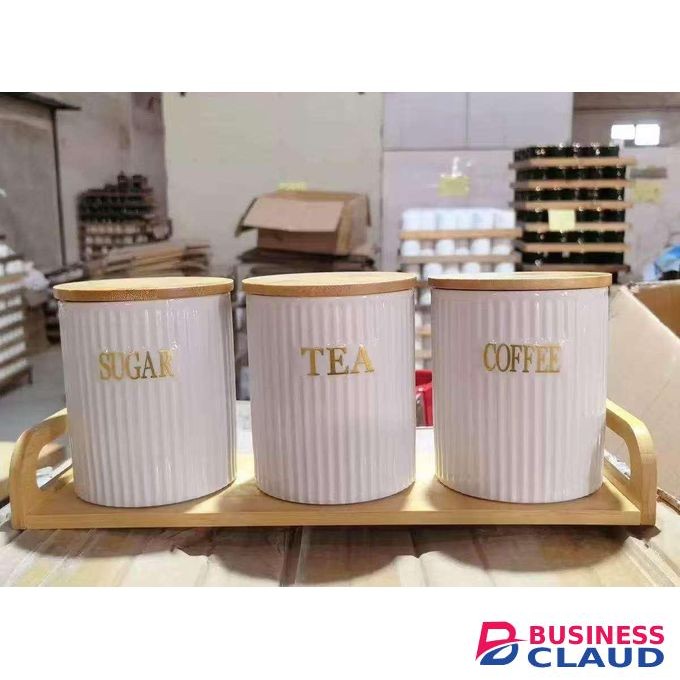 3pc Ceramic Canisters with Bamboo Stand 500ml Airtight Kitchen Storage Jars Set for Sugar Coffee Tea Spices Containers with Lids for Home and Office