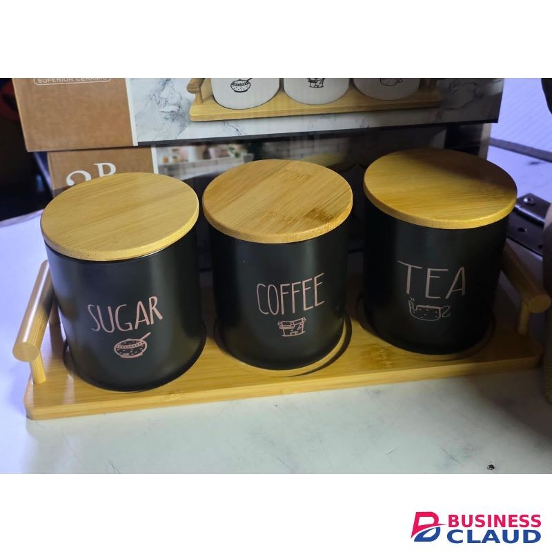 800ml 3-Piece Ceramic Canister Set with Bamboo Stand for Kitchen Storage, Airtight Containers for Coffee, Tea, Sugar, Spice Organization, Durable and Stylish Kitchen Organizer