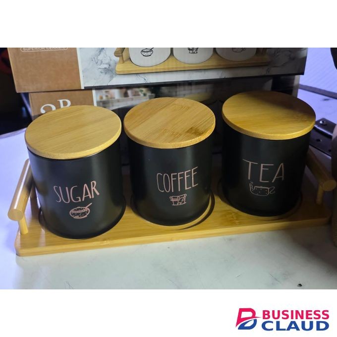 3pcs Ceramic Canister Set – 800ml with Bamboo Stand