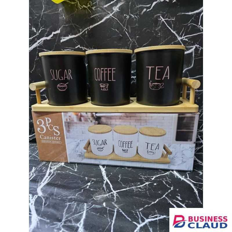 4-Piece Heavy-Quality Black Ceramic Canister Set with Bamboo Lids