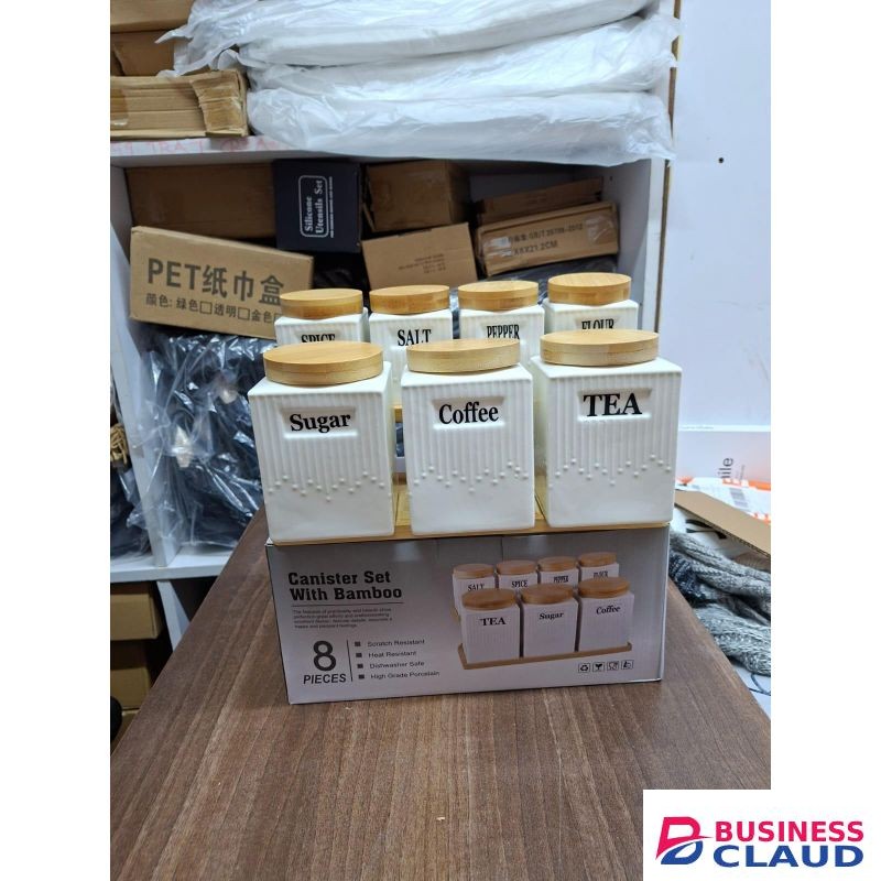 8pcs white Ceramic Canister Set Comes with a bamboo stand