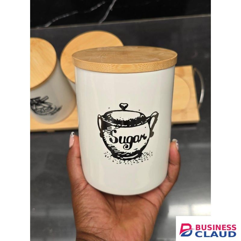 3pcs Ceramic Canisters Set 500ml with Airtight Lids and Bamboo Stand – Ideal for Kitchen Storage of Sugar, Coffee, Tea, and Spices – Modern White Jars with Natural Wood Base