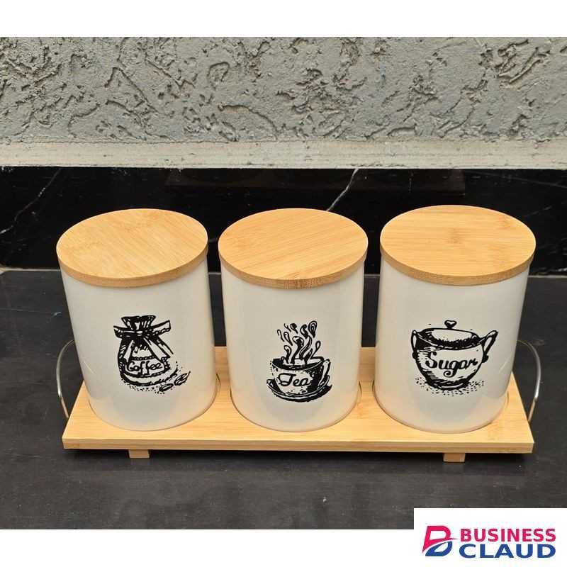 3pcs Ceramic Canisters Set 500ml with Airtight Lids and Bamboo Stand – Ideal for Kitchen Storage of Sugar, Coffee, Tea, and Spices – Modern White Jars with Natural Wood Base