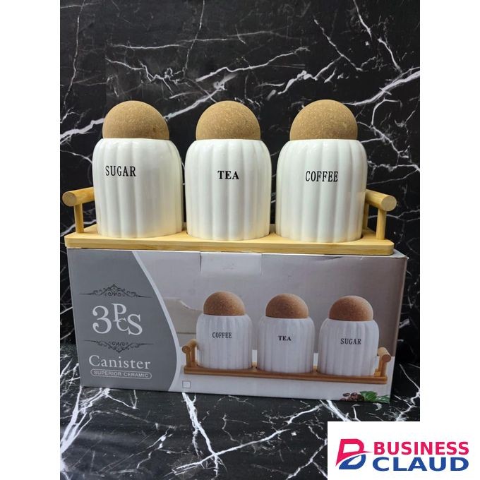 4-Piece Heavy-Quality White Rimmed Ceramic Canister Set with Bamboo Lids