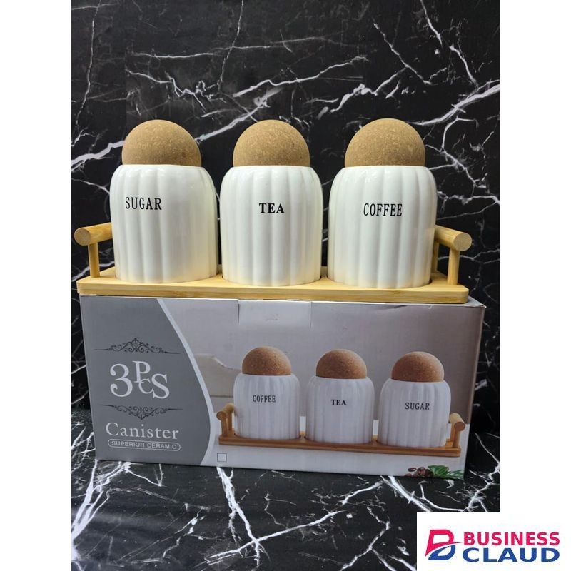 4-Piece Heavy-Quality White Rimmed Ceramic Canister Set with Bamboo Lids