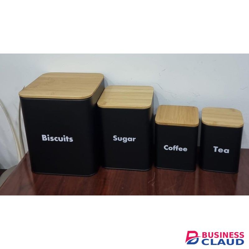 Kitchen Canister Set With Air Tight Bamboo Lids- 4 Food Storage Containers For Biscuits - 8L, Coffee - 1.5L, Tea - 1.3L And Sugar - 3.5L
