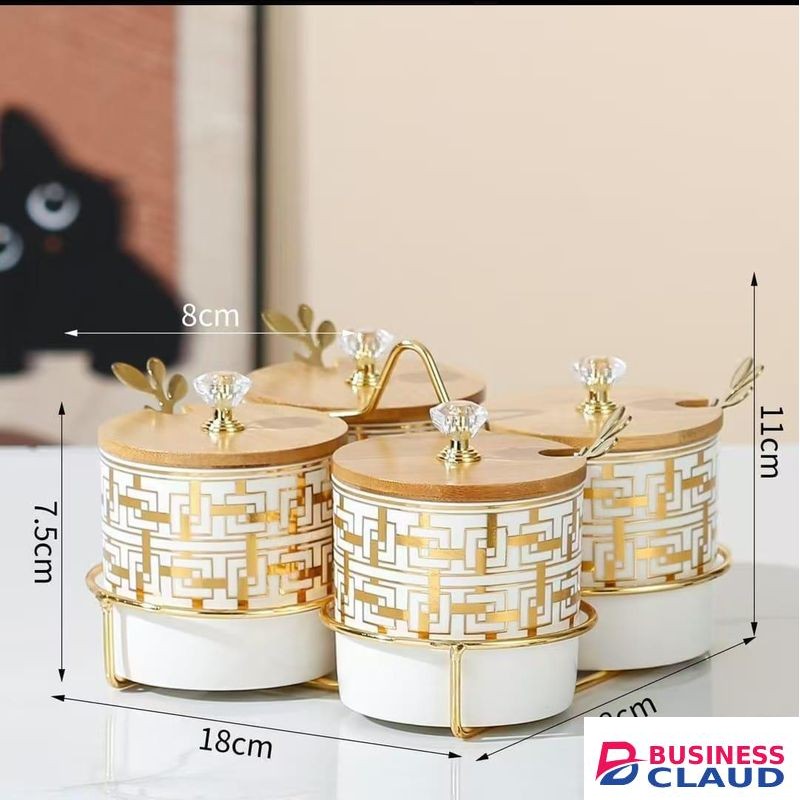 Un Branded 4 pcs ceramic canister set with gold stand and bamboo lid