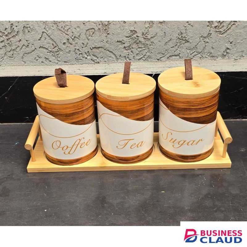 3pcs Ceramic Canisters Set with Bamboo Stand – 500ml Airtight Storage Jars for Kitchen Counter, Tea, Coffee, Sugar Organizer