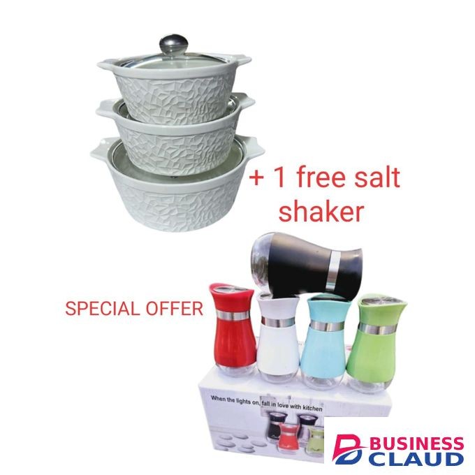 3 Pcs Ceramic Pots White 3L, 2.5L And 1.5L Plus Free 1 Salt Shaker