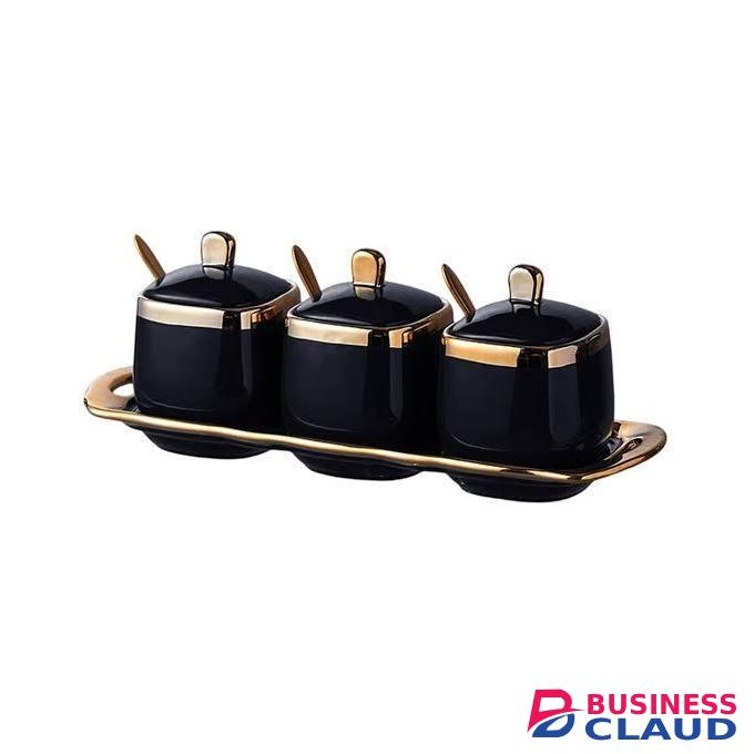 Light Luxury Golden Edge Ceramic Decorative Pot 3-piece Set Sugar/Tea/Coffee 3pc Dish Set With Tray