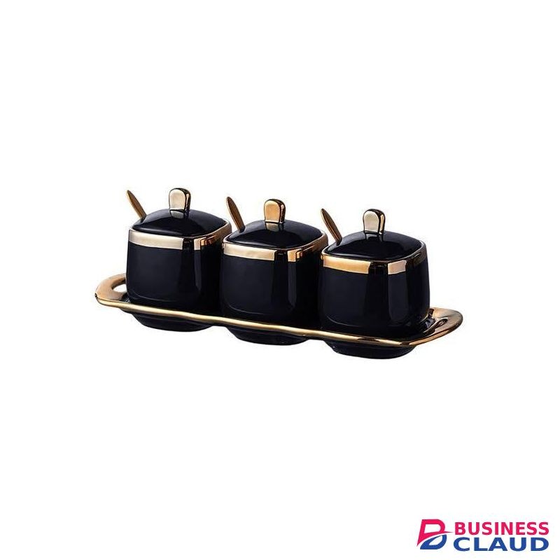 Light Luxury Golden Edge Ceramic Decorative Pot 3-piece Set Sugar/Tea/Coffee 3pc Dish Set With Tray