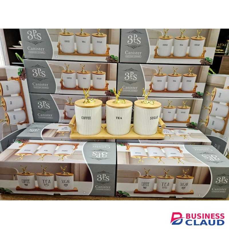 3pcs white Ceramic Canister Set Comes with the Bamboo stand