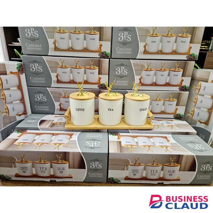 3pcs white Ceramic Canister Set Comes with the Bamboo stand