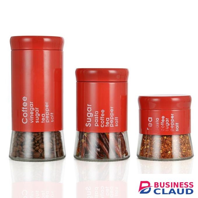 3-Piece Kitchen Storage Container Set – Stylish Red Airtight Food Canisters for Coffee Sugar Tea Spices Snacks Cereal Storage, Clear View Bottom, Durable Easy-Clean Kitchen Organizer